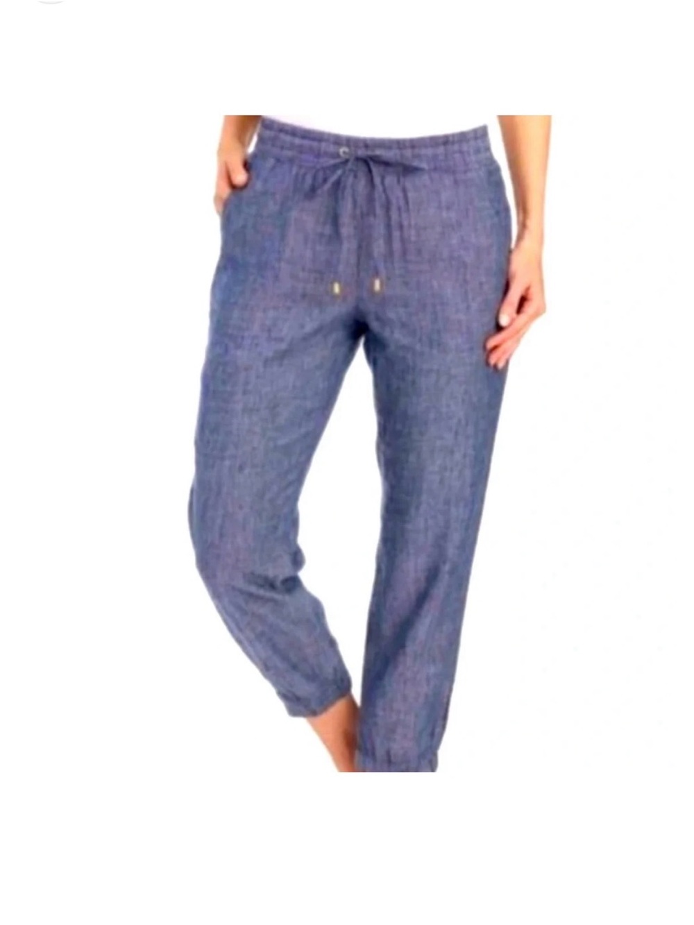 Ellen Tracy tie waist Tencel Pants Cuffed Sz L chambray blue (34” X 26”)